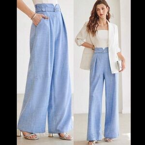 MOTF PREMIUM SOLID NOTCH WAIST FOLD TWILL PLEATED BELTED WIDE LEG SUIT PANTS
